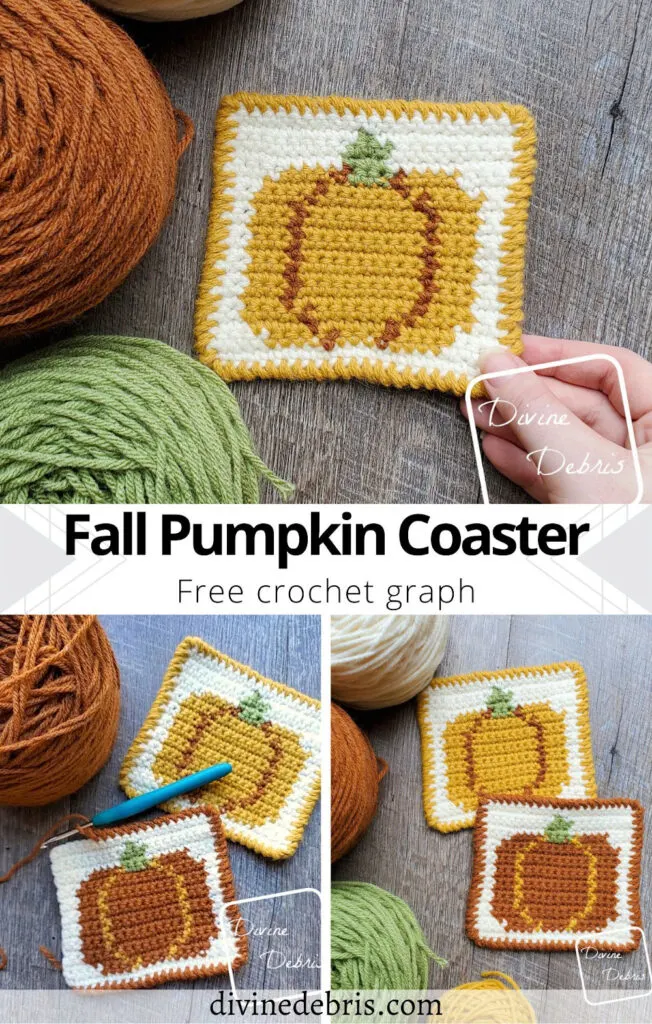 Learn to make this fun and festive Fall Pumpkin Coaster from a free crochet graph, also great for knitting, cross stitch, and more!