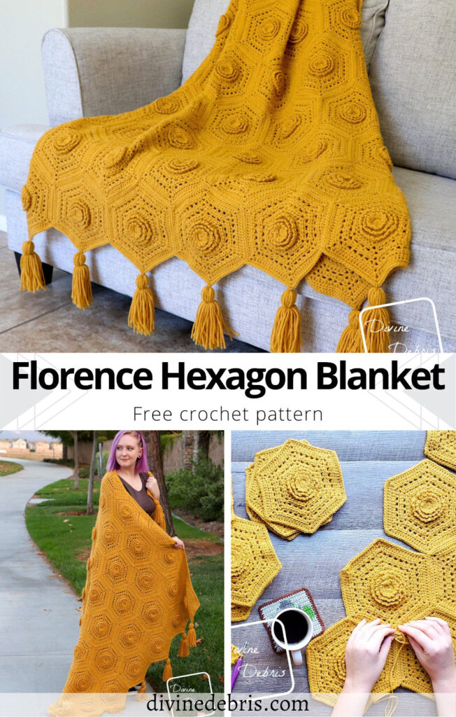 Learn to make the fun, textured, and easy Florence Hexagon Blanket from a free crochet pattern available on DivineDebris.com 