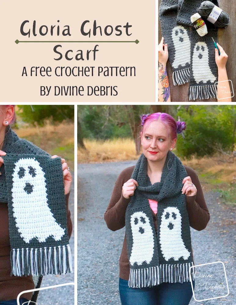 Have fun with Halloween and make the cute and sorta spooky Gloria Ghost Scarf from a free crochet pattern by DivineDebris.com