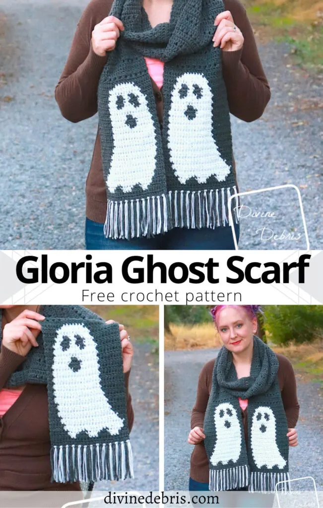 Have fun with Halloween and make the cute and sorta spooky Gloria Ghost Scarf from a free crochet pattern by DivineDebris.com