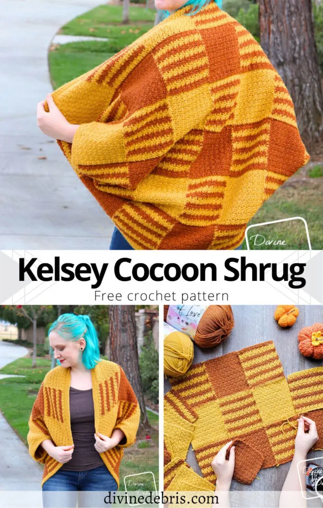 Learn to make the fun plaid styled crochet shrug, from the free the Kelsey Cocoon Shrug crochet pattern by DivineDebris.com