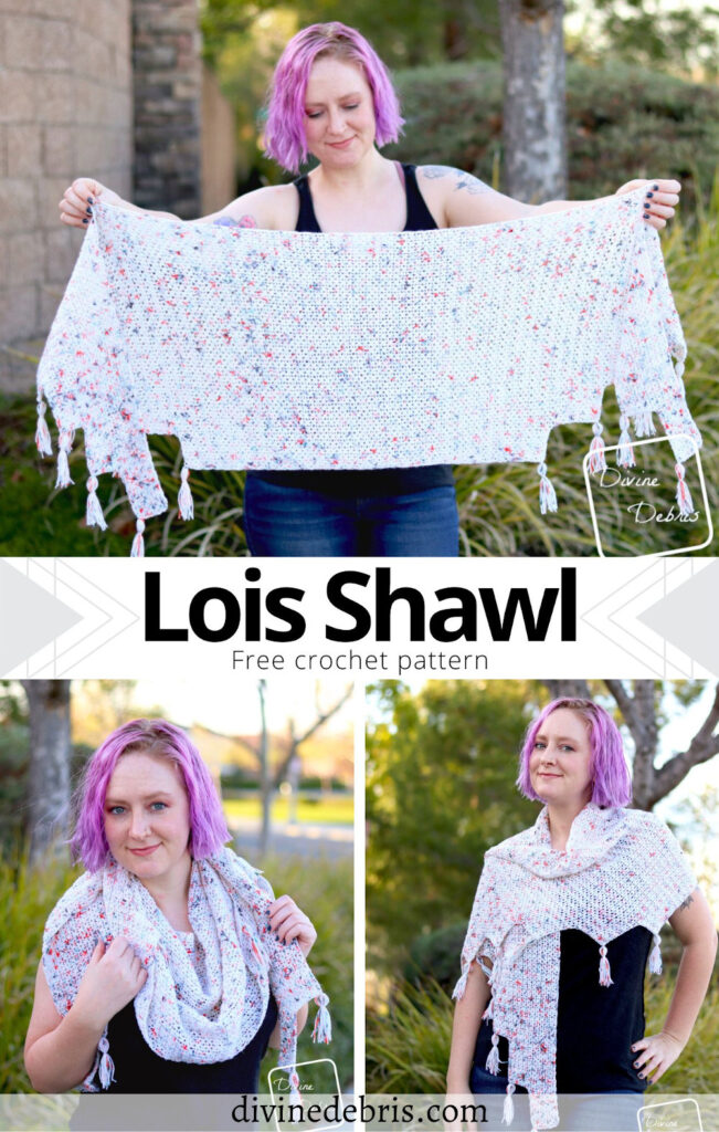 Learn to make the fun, easy, and simple to customize geometric Lois Shawl from a free crochet pattern on DivineDebris.com