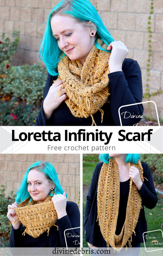 Learn to make the fun, silly, and texture-rich Loretta Infinity Scarf from a free crochet pattern available on DivineDebris.com