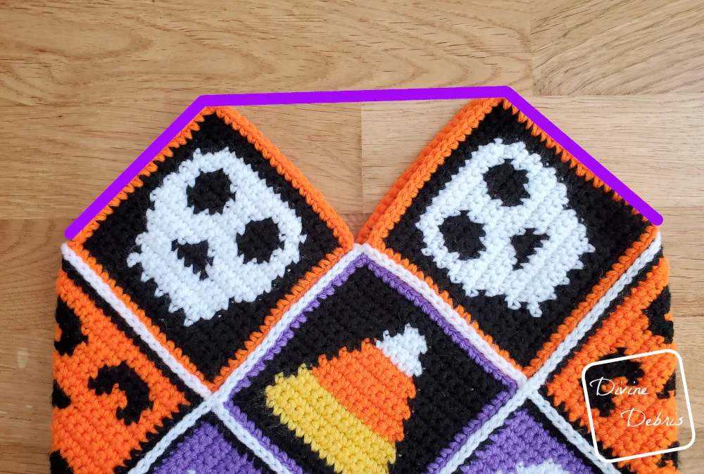 [Image description] Patchwork Halloween Bag Straps photo 3 - photo showing where to skip a space for the straps