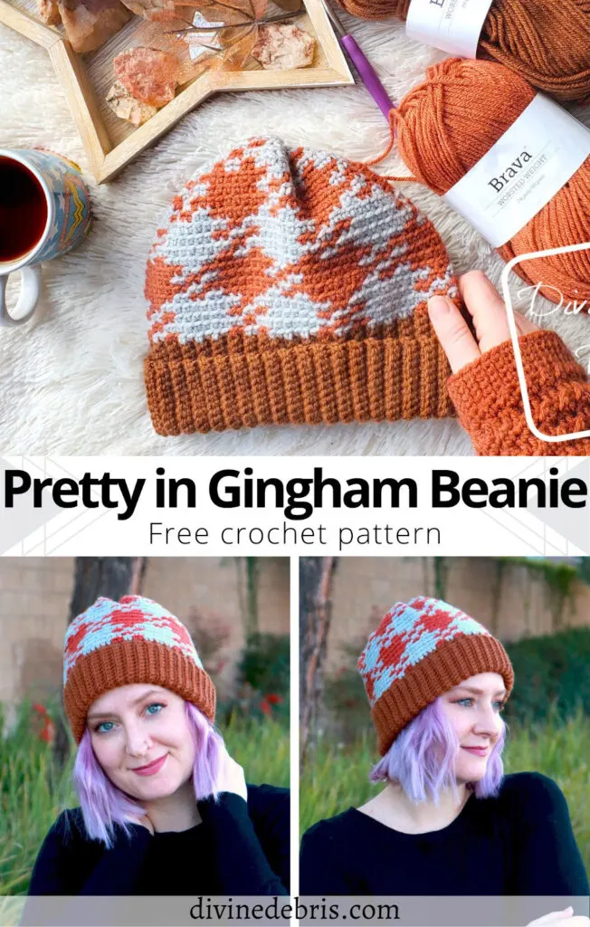 Check out the eye-catching, fun, and customizable tapestry design, the Pretty in Gingham Beanie free crochet pattern by DivineDebris.com