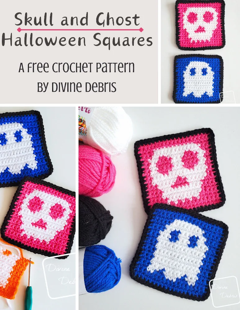 Learn to make the Skull and Ghost Halloween Squares from a free set of crochet graphs by Divine Debris. Perfect for blankets, knitting, cross stitch, coasters, or even a whole sweater.