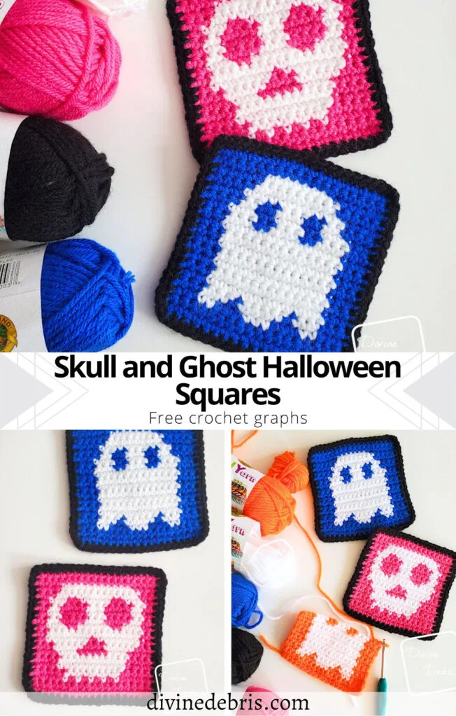 Learn to make the Skull and Ghost Halloween Squares from a free set of crochet graphs by Divine Debris. Perfect for blankets, knitting, cross stitch, coasters, or even a whole sweater.