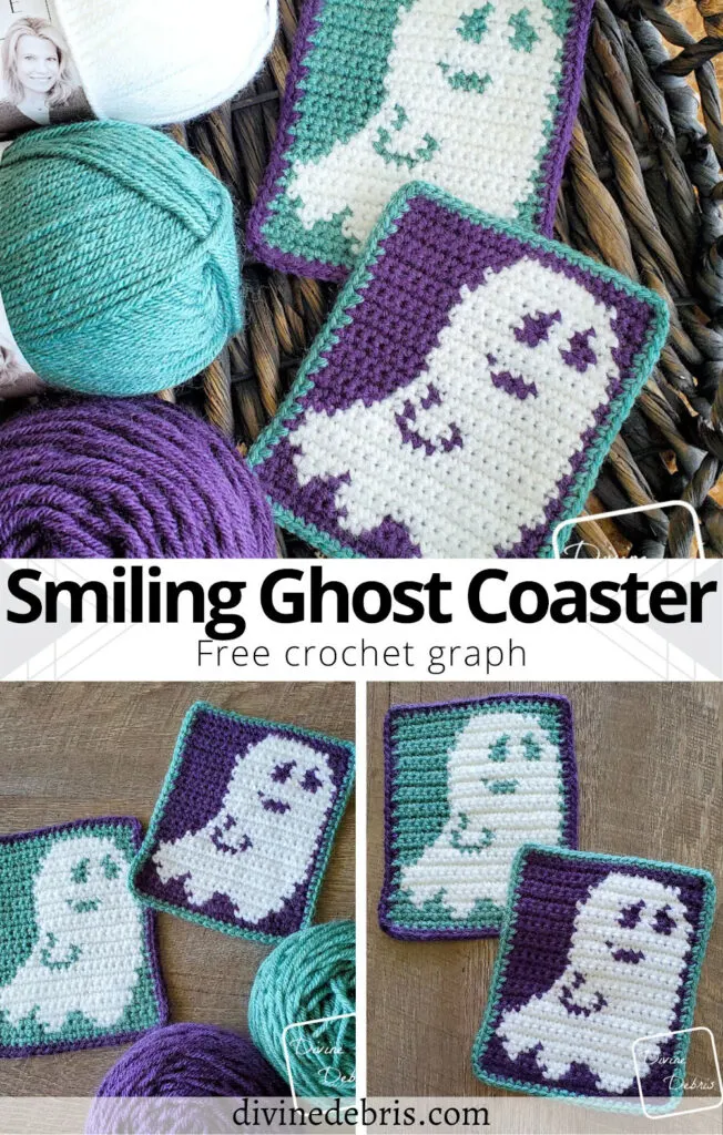 Learn to make the fun and festive Smiling Ghost Coaster from a free crochet graph on DivineDebris.com