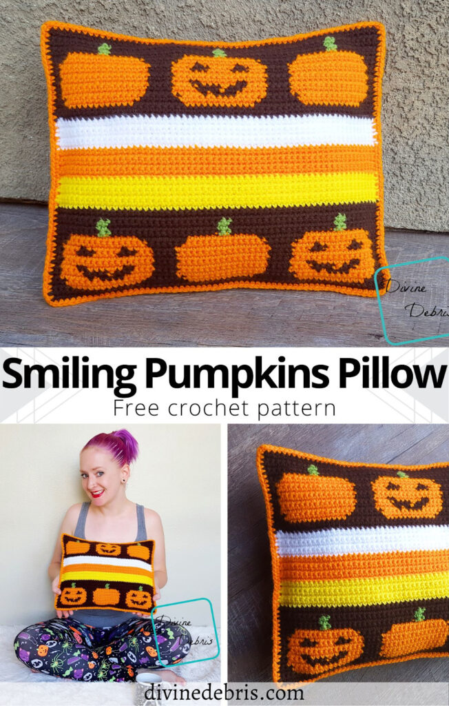 Learn to make the super fun, unique, and retro Smiling Pumpkins Pillow from a free and easy Halloween themed crochet pattern on DivineDebris.com