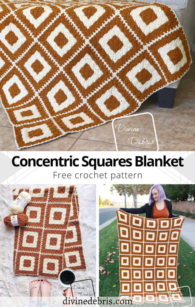 Learn to make the fun and eye-catching Concentric Squares Throw blanket from a free C2C crochet pattern on DivineDebris.com