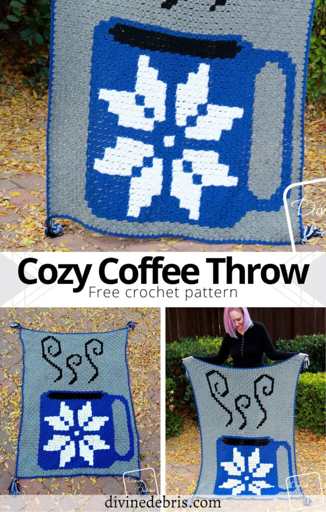 Check out the fun and easy Cozy Coffee Throw crochet pattern graph on DivineDebris.com. It's a simple C2C design for any coffee loving crafter