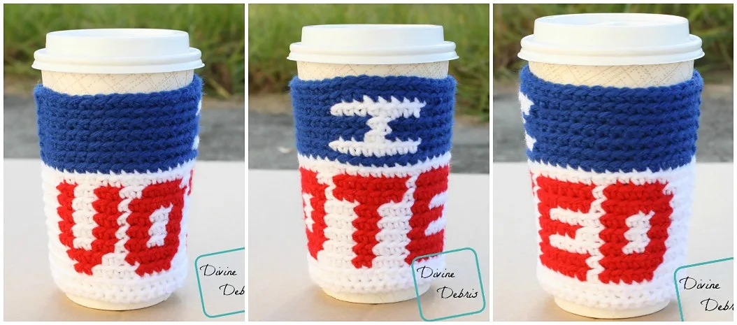[Image description] 3 panel photo of the I Vote Mug Cozy crochet pattern.