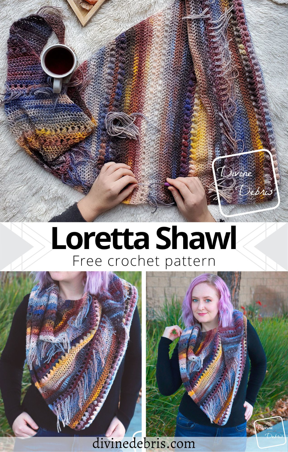 Bring a little big of classy yet modern flair with the Loretta Shawl, a free and easy crochet pattern available from DivineDebris.com.