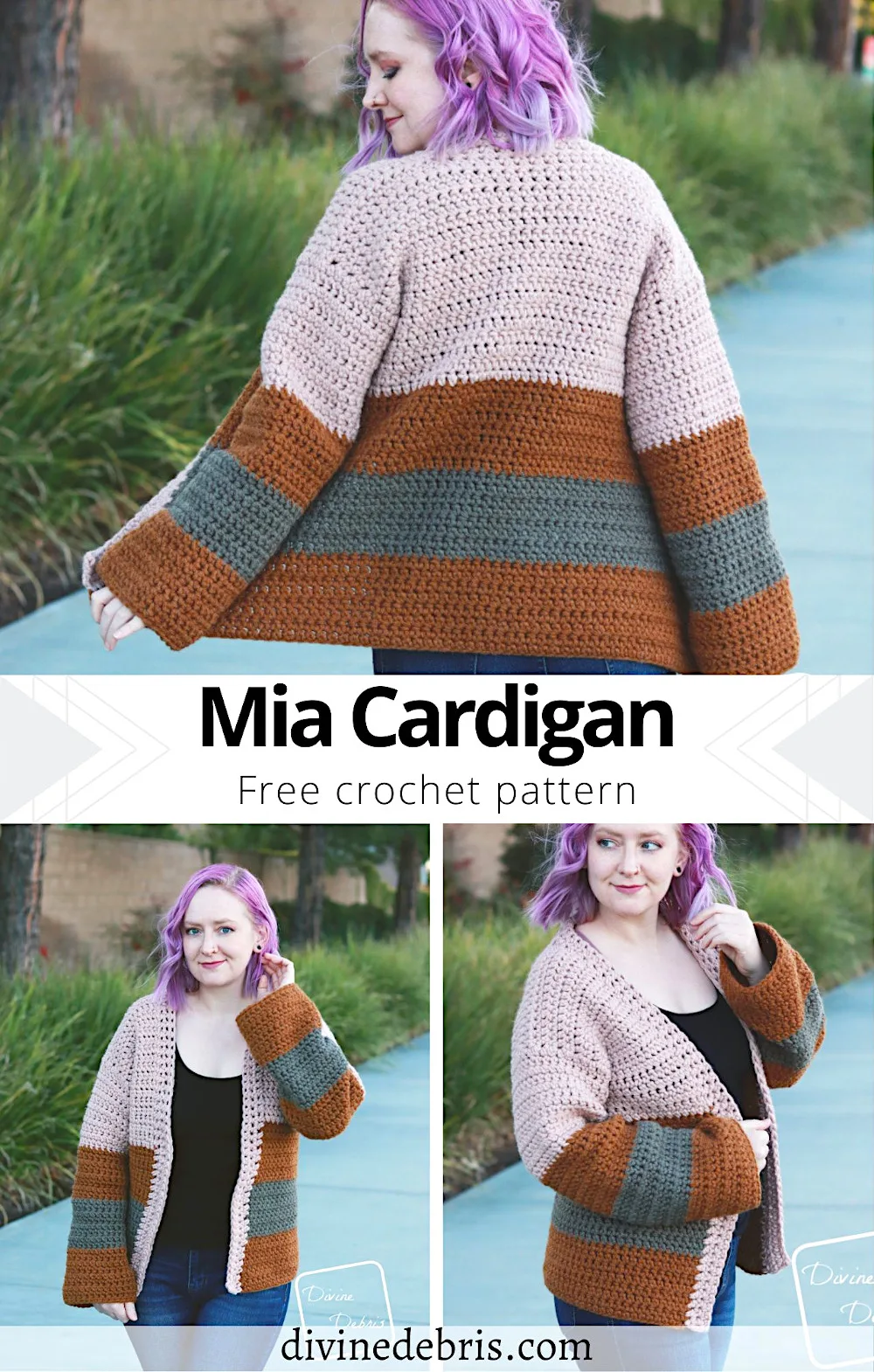 Learn to make the easy, squishy, and striped cardi  using bulky weight yarn, the Mia Cardigan, from a free crochet pattern on DivineDebris.com