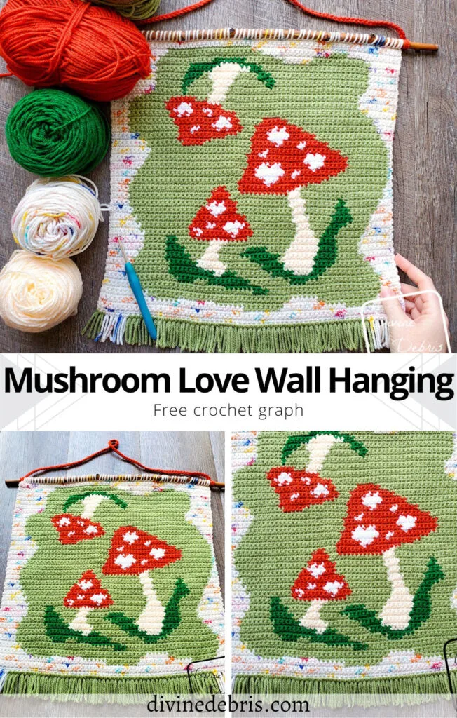 Learn to make this fun and mushroom-centric home decor piece, the Mushroom Love Wall Hanging, from a free crochet graph by DivineDebris.com