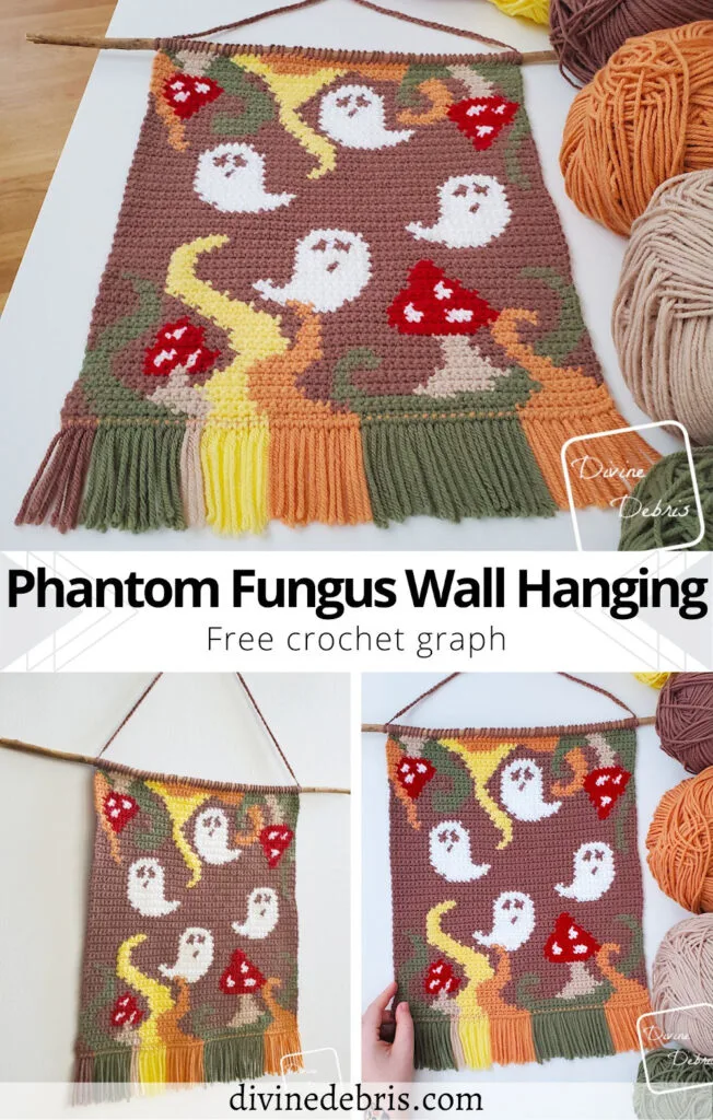 Make some cute Halloween decor with this mushroom and ghost design, the free Phantom Fungus Wall Hanging crochet pattern by Divine Debris.