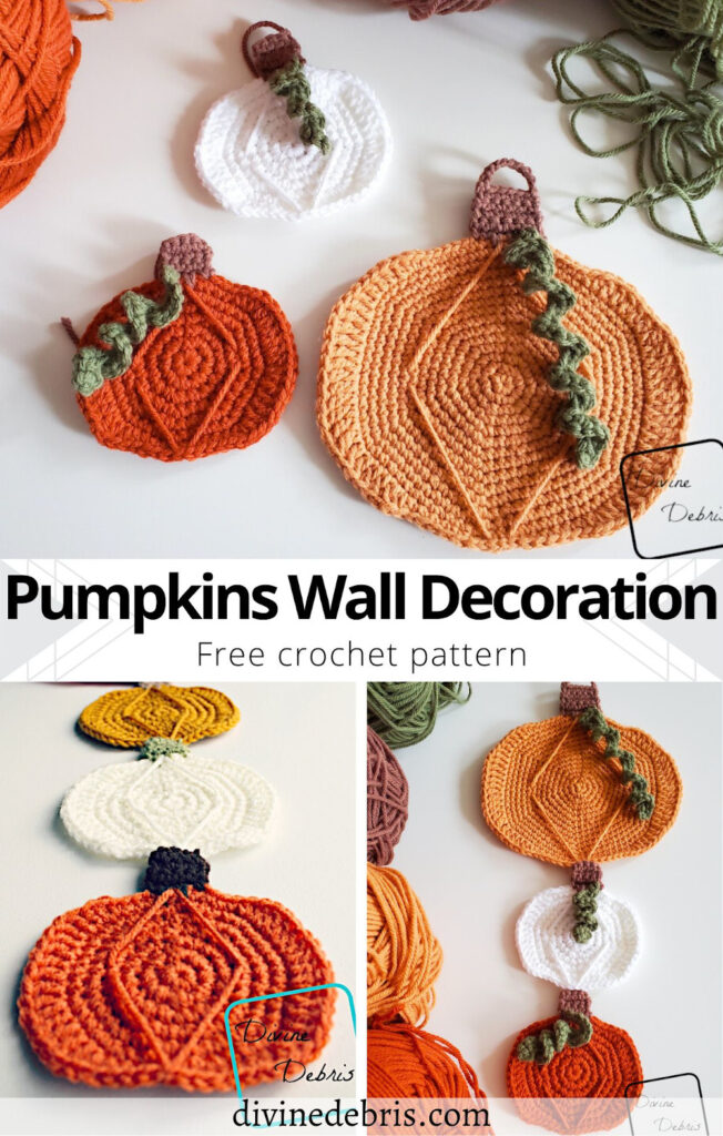 Learn to make the fun Fall decor piece, the Pumpkins Wall Decoration from free and customizable crochet pattern by Divine Debris.