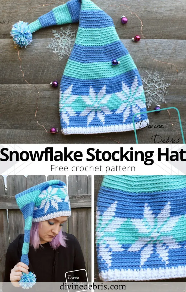 Get into an elf like mood with this fun and creative Stocking Snowflake Hat from a free crochet pattern by DivineDebris.com