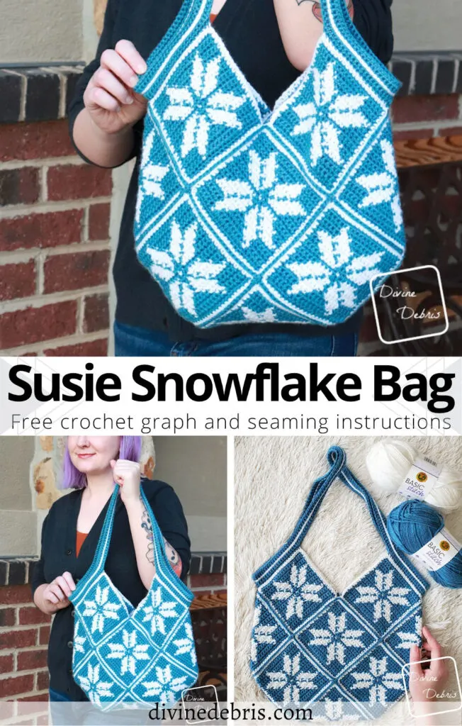 Learn to make the fun and winter themed shoulder bag with the free Susie Snowflake Bag crochet pattern by Divine Debris