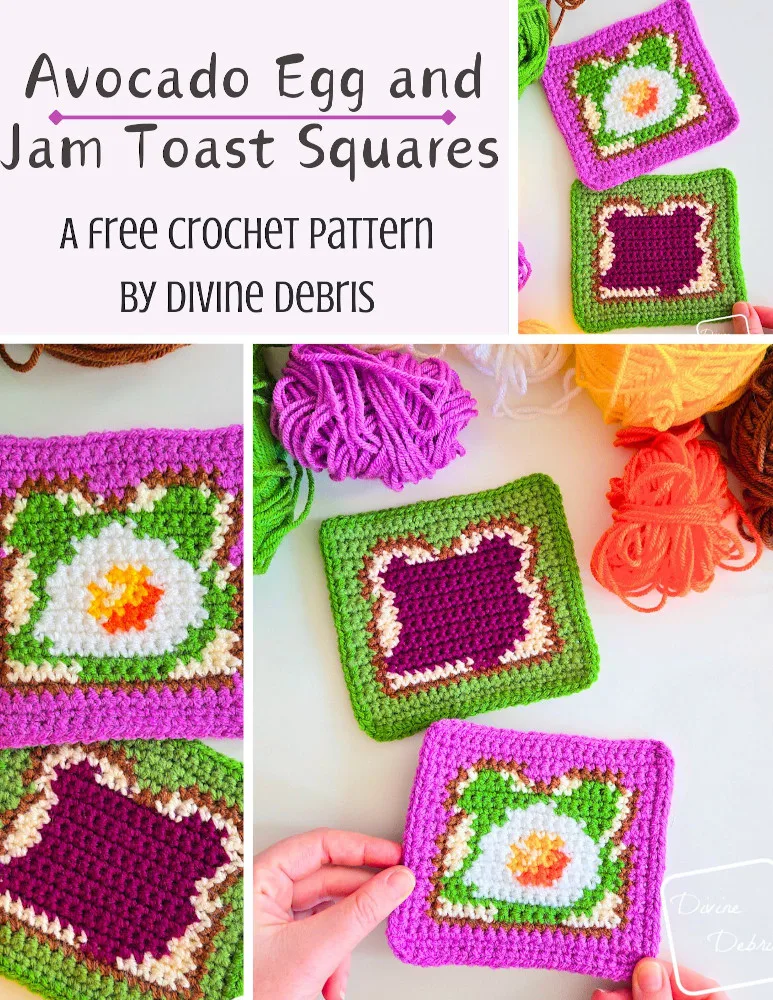 Learn to make the fun and colorful Avocado Egg and Jam Toast Squares from free crochet graphs