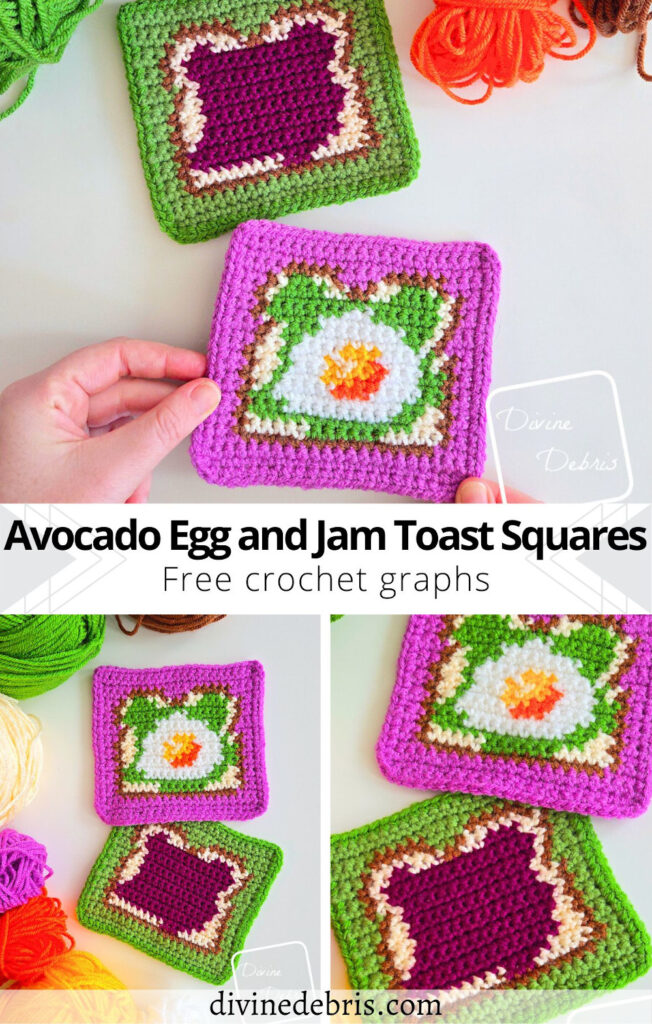 Breakfast is even funner now with the colorful and exciting Avocado Egg and Jam Toast Squares from free graphs for crochet and all sorts of other fiber arts.