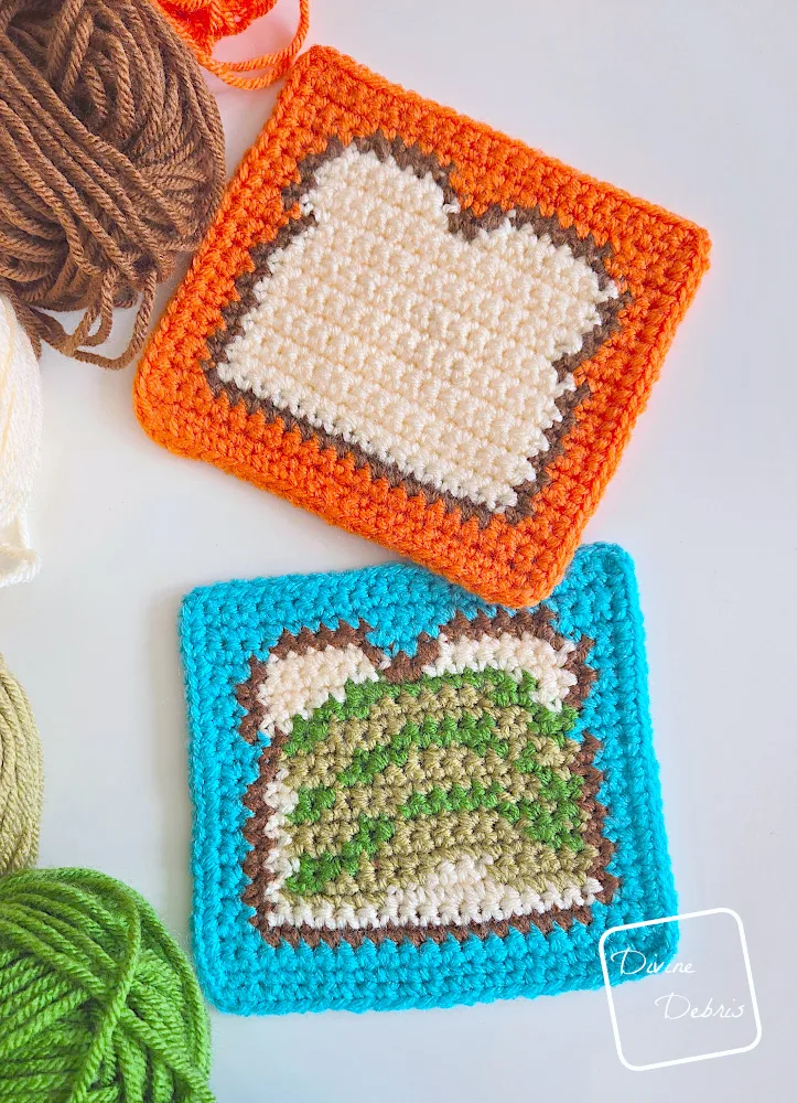 [Image description] Top down look at the Avocado Toast and Bread Squares on a white background with skeins of yarn along the side of the photo. 