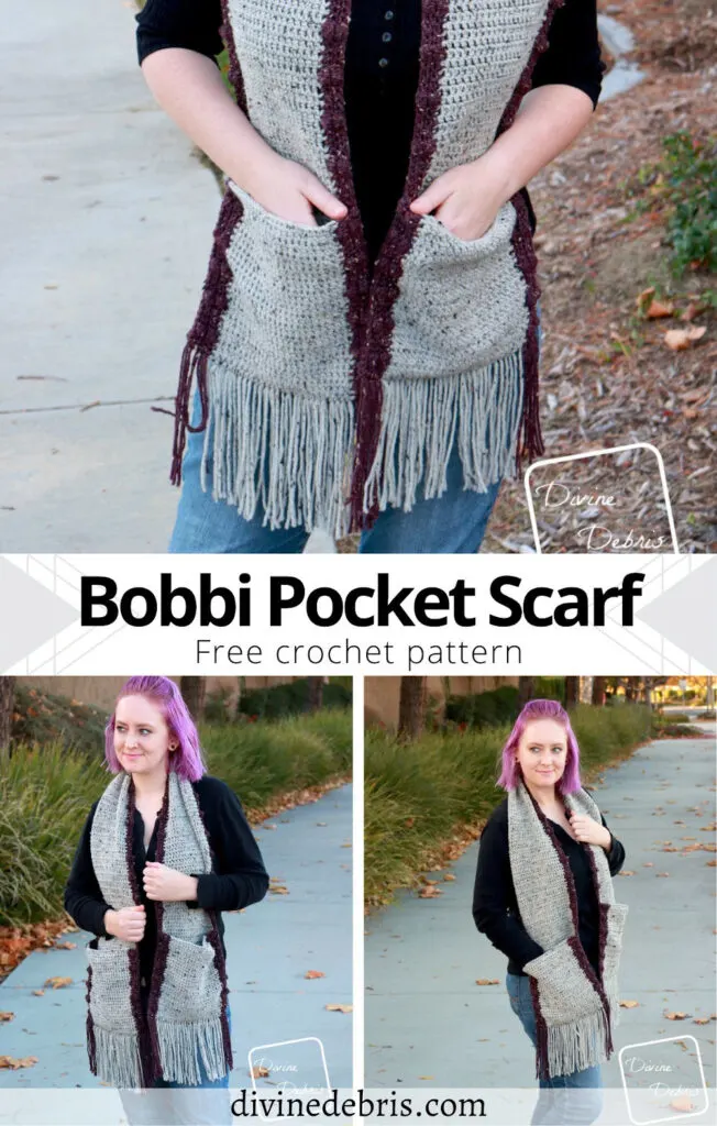 Fun with pockets! The Bobbi Pocket Scarf is fun, quick, and free crochet pattern that will work up easily and is easily customized. Find it on DivineDebris.com