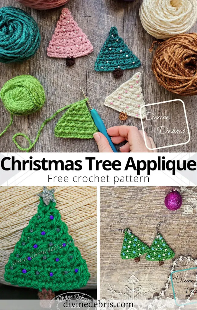 Learn to make the simple and fun Christmas Tree Applique, also a great earrings pattern, from a free crochet pattern on DivineDebris.com