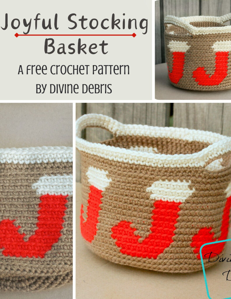 Learn to make the fun Christmas home decor basket, the Joyful Stocking Basket free crochet pattern by DivineDebris.com