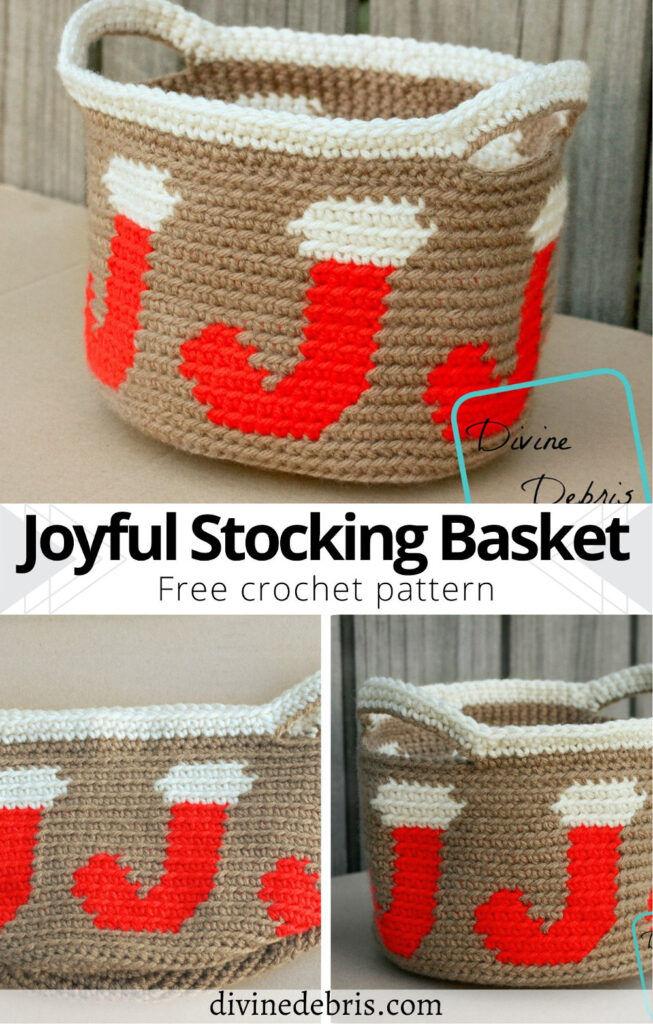 Learn to make the fun Christmas home decor basket, the Joyful Stocking Basket free crochet pattern by DivineDebris.com