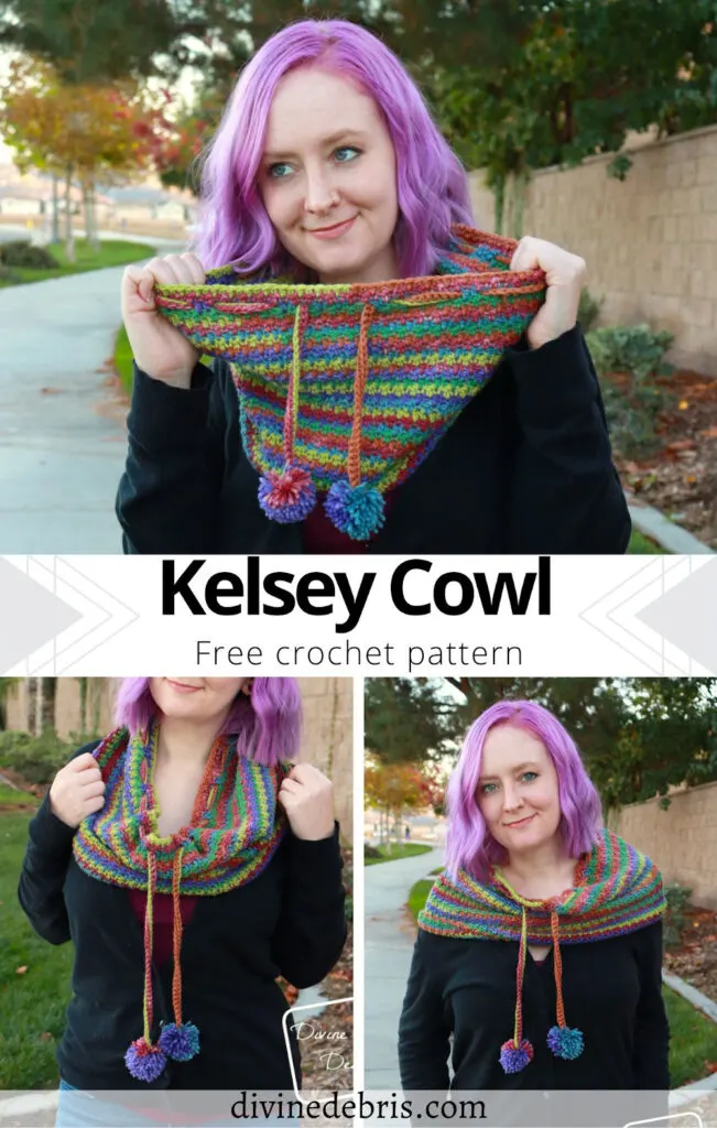 Learn to make the very customizable, fun, snuggly, and textured Kelsey Cowl from a free crochet pattern on DivineDebris.com