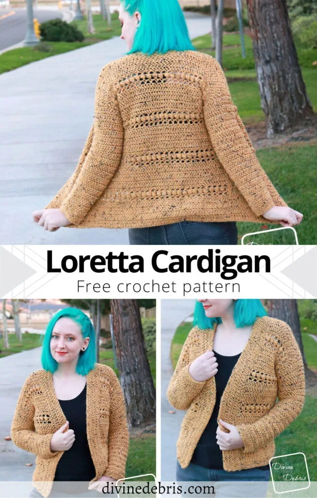 Learn to make the fun, textured, and easy Loretta Cardigan from a free crochet pattern available only on DivineDebris.com