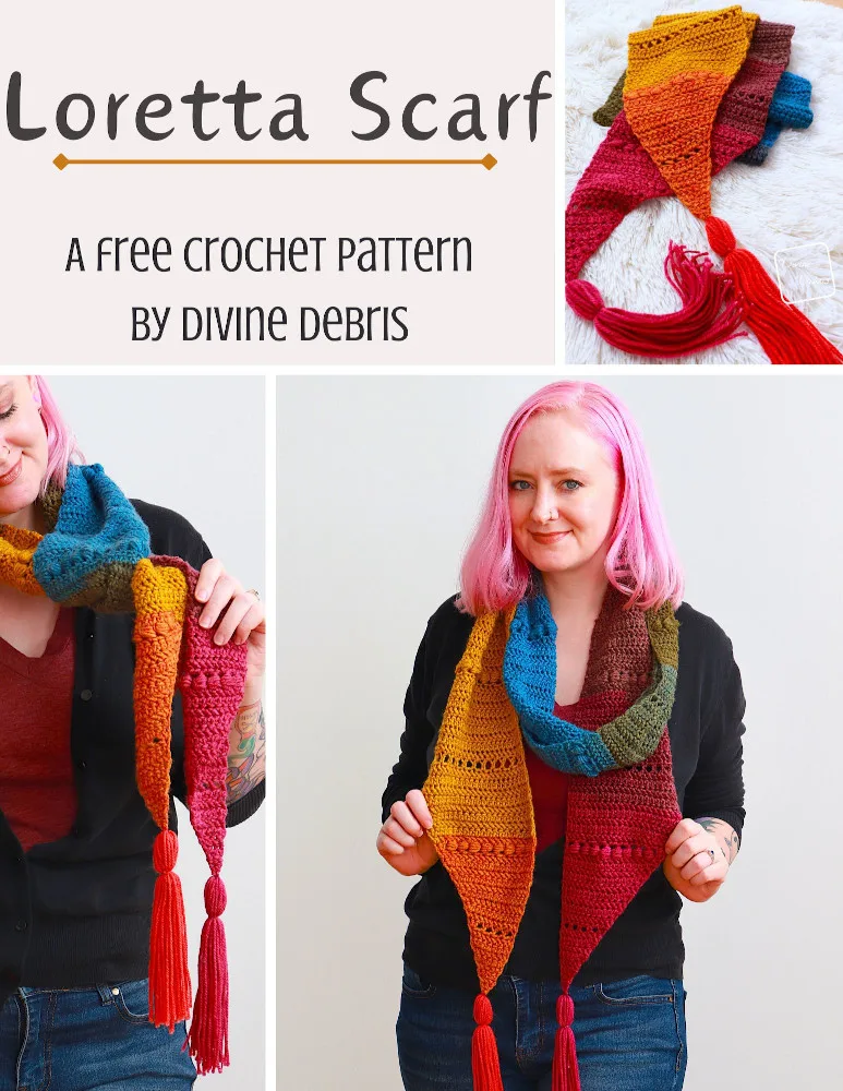 Learn to make the easy, textured, and long (tassels optional) scarf, the Loretta Scarf, from a free crochet pattern by Divine Debris.
