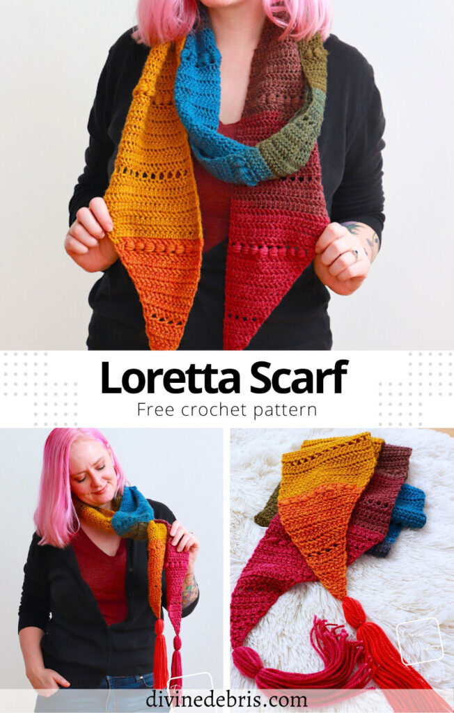 Learn to make the easy, textured, and long (tassels optional) scarf, the Loretta Scarf, from a free crochet pattern by Divine Debris.