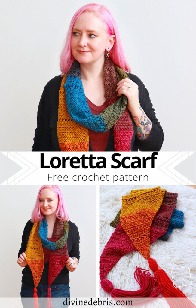 Learn to make the easy, textured, and long (tassels optional) scarf, the Loretta Scarf, from a free crochet pattern by Divine Debris.