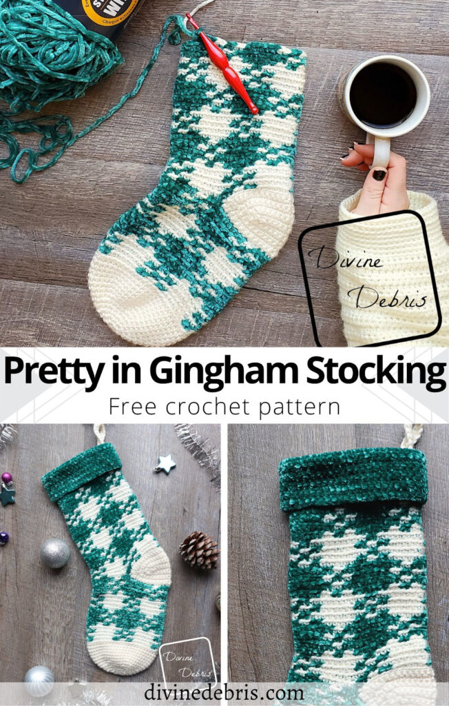 Make your Christmas fun and bright with this eye-catching stocking done in gingham and velvet yarn, the Pretty in Gingham Stocking free crochet pattern