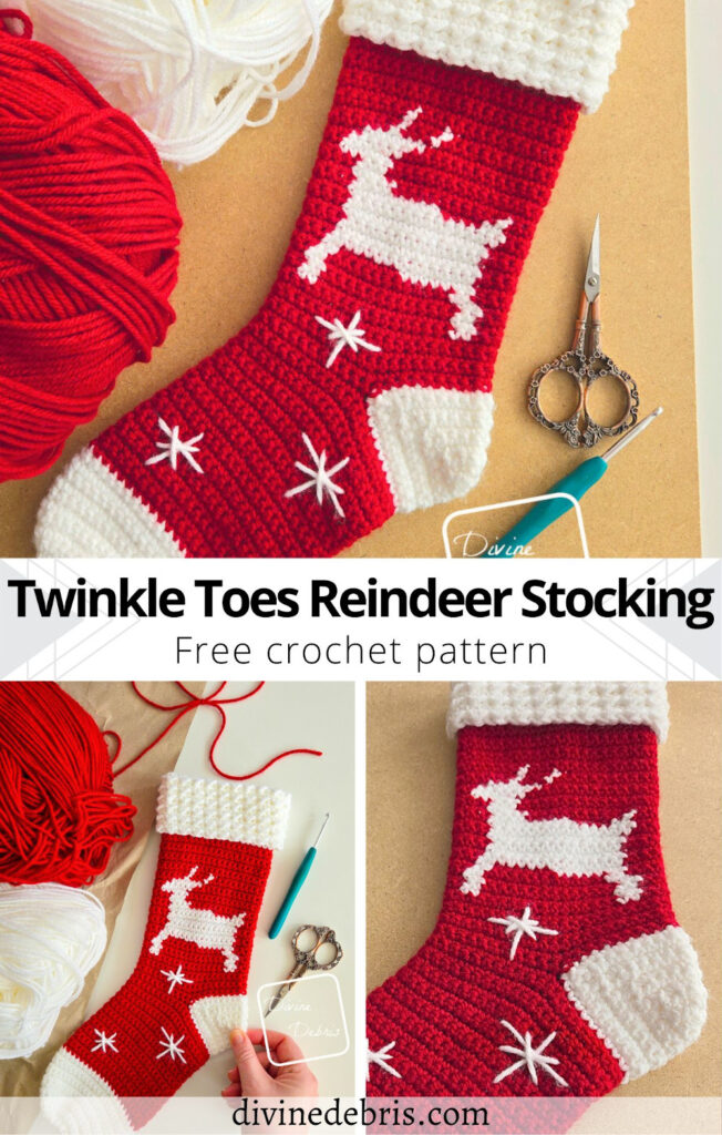 Learn to make the 2 color festive Christmas pattern, Twinkle Toes Reindeer Stocking from a free crochet pattern by Divine Debris. 