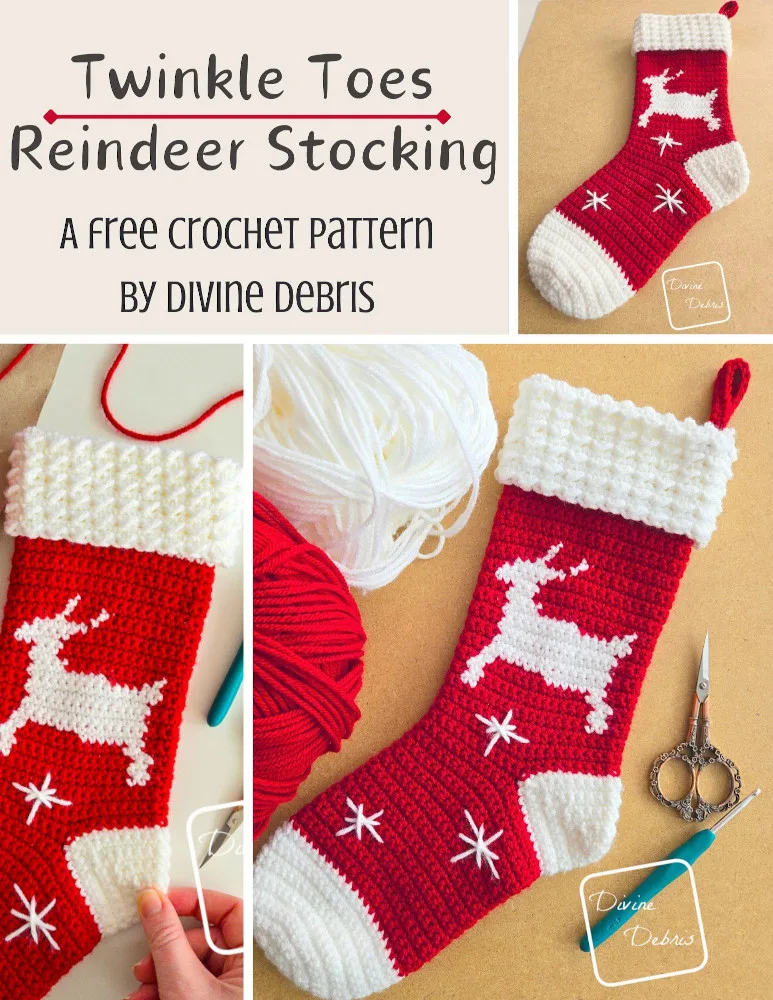 Learn to make the 2 color festive Christmas pattern, Twinkle Toes Reindeer Stocking from a free crochet pattern by Divine Debris. 