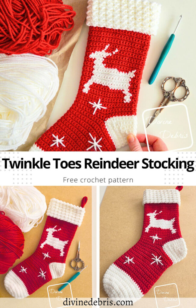 Learn to make the 2 color festive Christmas pattern, Twinkle Toes Reindeer Stocking from a free crochet pattern by Divine Debris. 