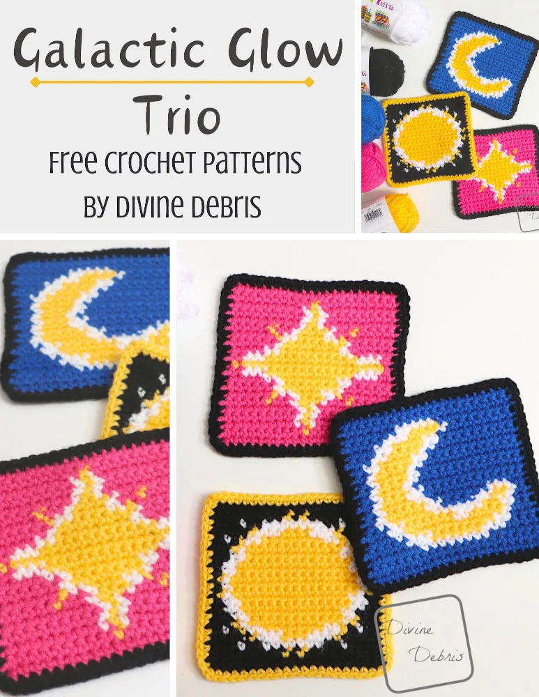 Learn to make the fun celestial themed Galactic Glow Trio crochet patterns of a moon, sun, and star graphs. Graph for crochet, knitting, cross stitch, and more fiber arts!