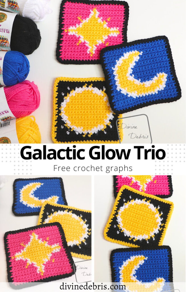 Learn to make the fun celestial themed Galactic Glow Trio crochet patterns of a moon, sun, and star graphs. Graph for crochet, knitting, cross stitch, and more fiber arts!