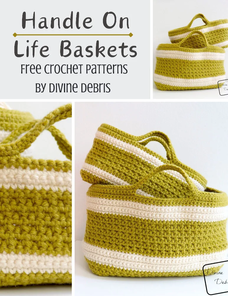 Learn to make the fun, easy, and colorful Handle On Life Baskets from a free crochet pattern set by Divine Debris.