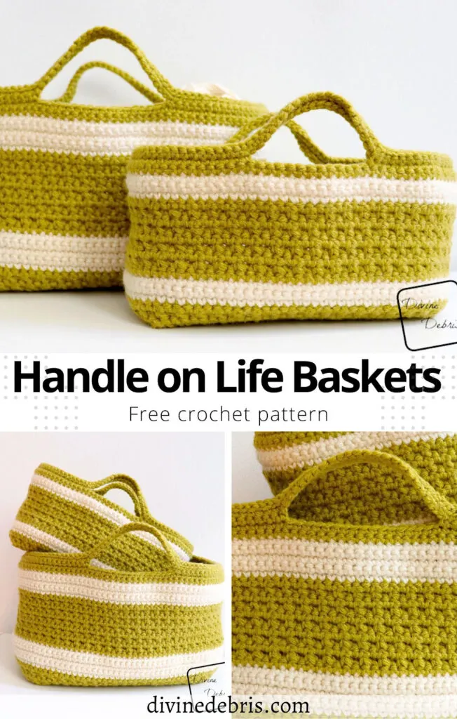 Learn to make the fun, easy, and colorful Handle On Life Baskets from a free crochet pattern set by Divine Debris. 