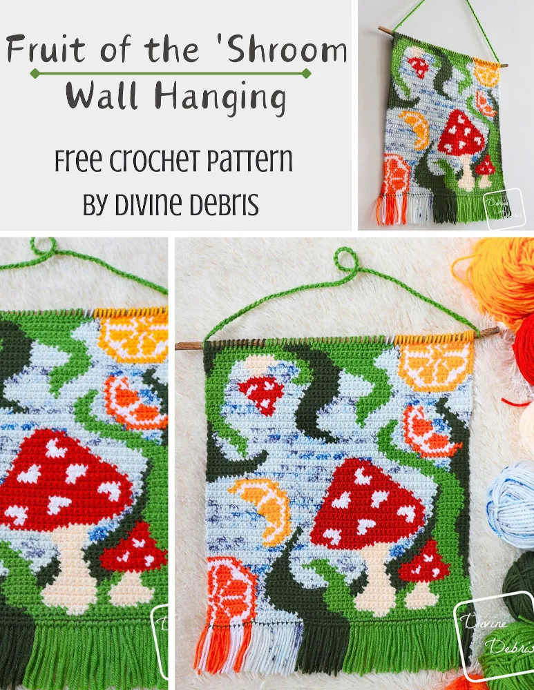 Learn to make a bit of cute and fun magical forest decor with the Fruit of the 'Shroom Wall Hanging free crochet graph