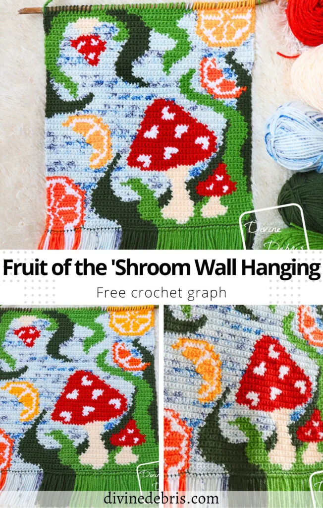 Learn to make a bit of cute and fun magical forest decor with the Fruit of the 'Shroom Wall Hanging free crochet graph