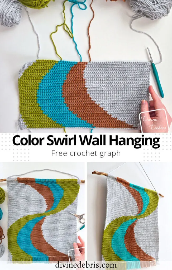 Learn to make the Color Swirl Wall Hanging from a free crochet graph, it's fun, customizable and colorful! A wonderful bit of home decor and the graph can be used for knitting, tunisian crochet, cross stitch and more fiber arts.