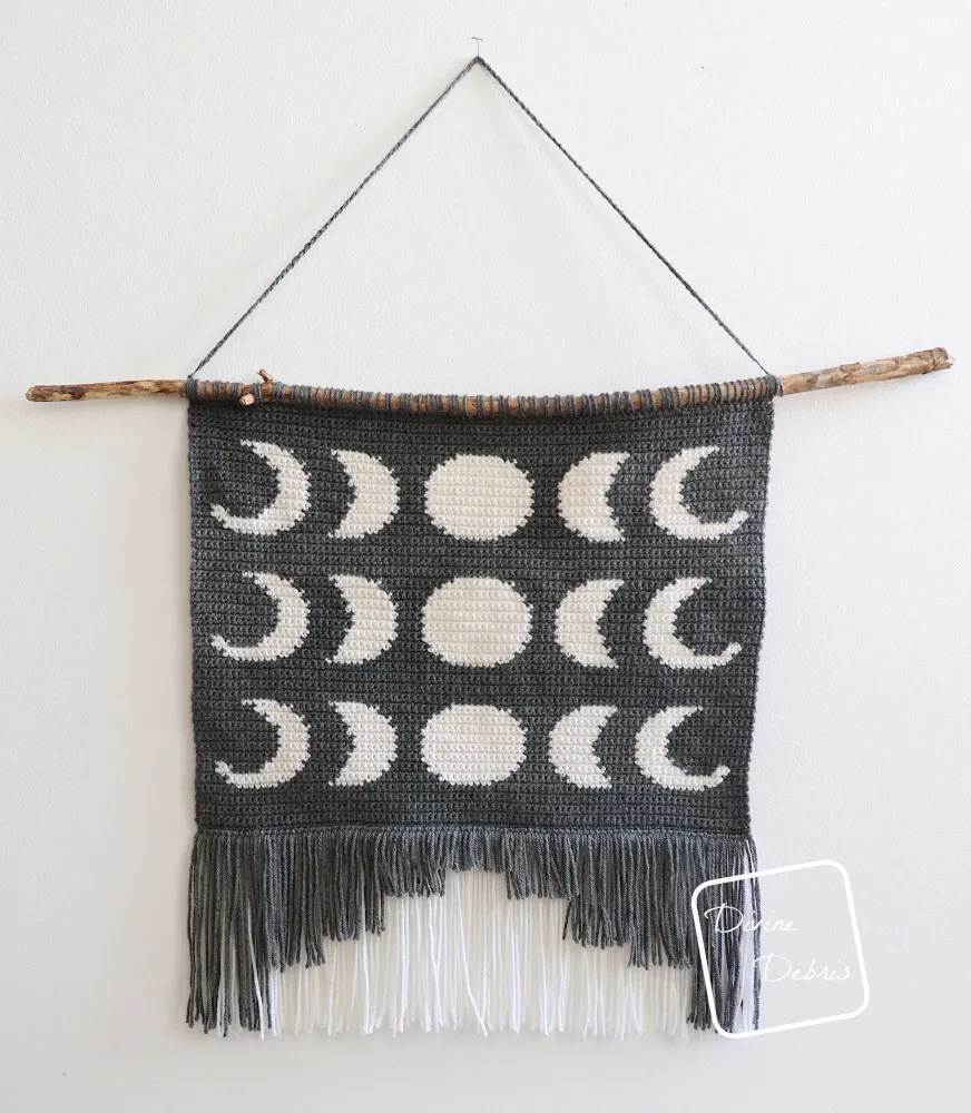 [Image description] The Moon Phase Wall Hanging hangs on a pin on a white background.