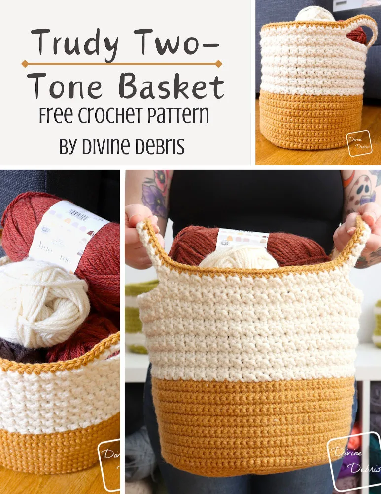 Learn to make the fun and easy textured Trudy Two-Tone Basket from a free crochet pattern by Divine Debris