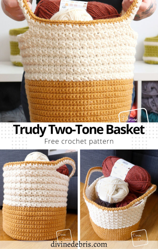 Learn to make the fun and easy textured Trudy Two-Tone Basket from a free crochet pattern by Divine Debris