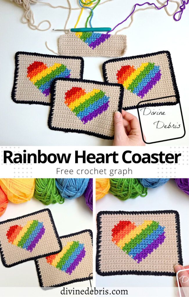 Learn to make the fun, colorful, and perfect for Pride month Rainbow Heart Coaster crochet graph pattern. Great for home use or as a part of other designs, like scarves, bags, and blankets. The graph can be used for crochet, knitting, Tunisian crochet, and any other fiber art.